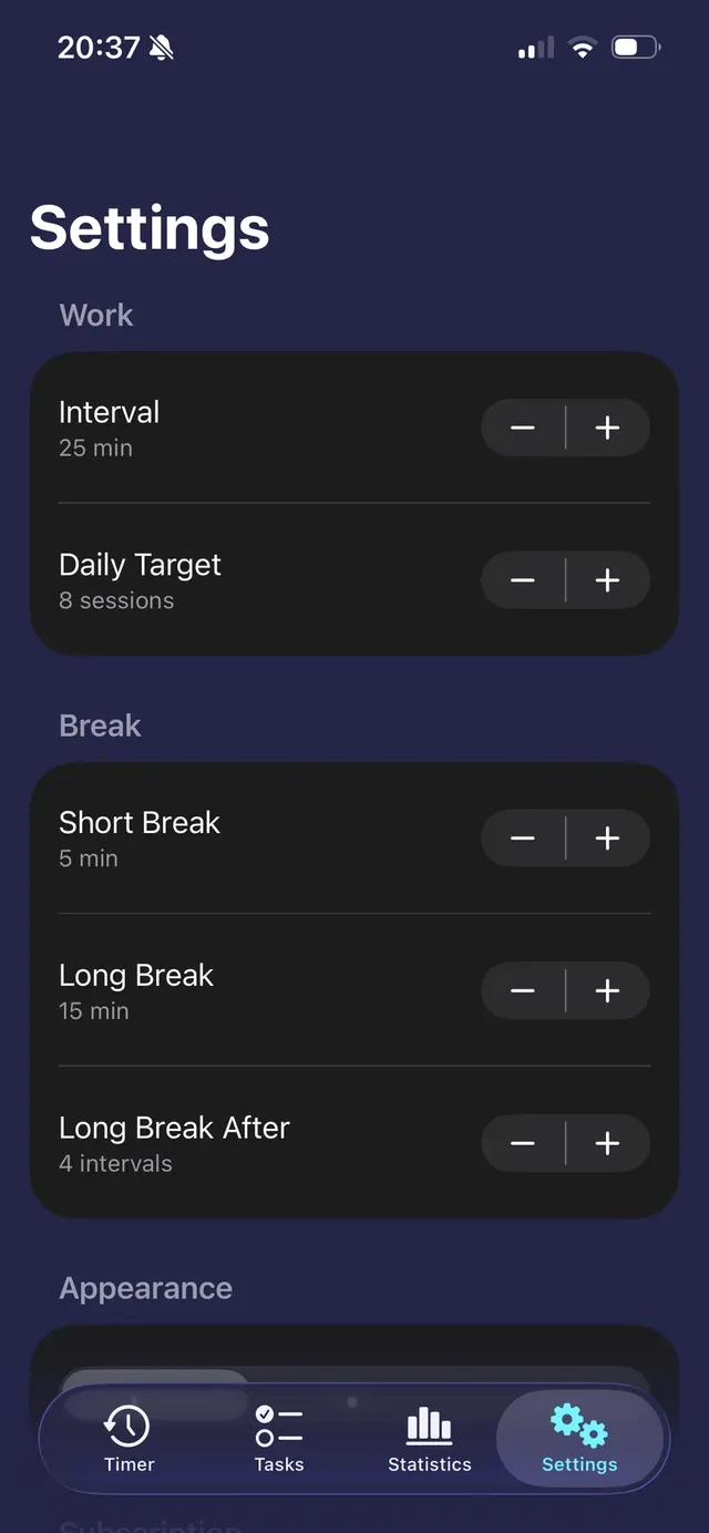 Tasker settings for session and break lengths